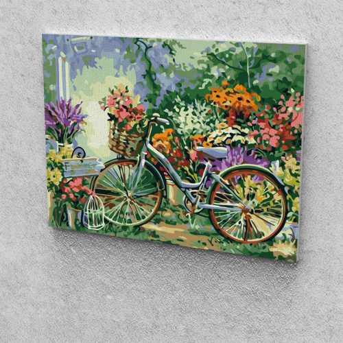 Bicikli a virágos kertben festés számok alapján kreatív készlet keret nélkül 50x60